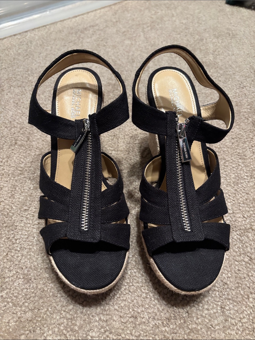 Michael Kors Black Canvas Wedge Sandals with Front Zip Detail
